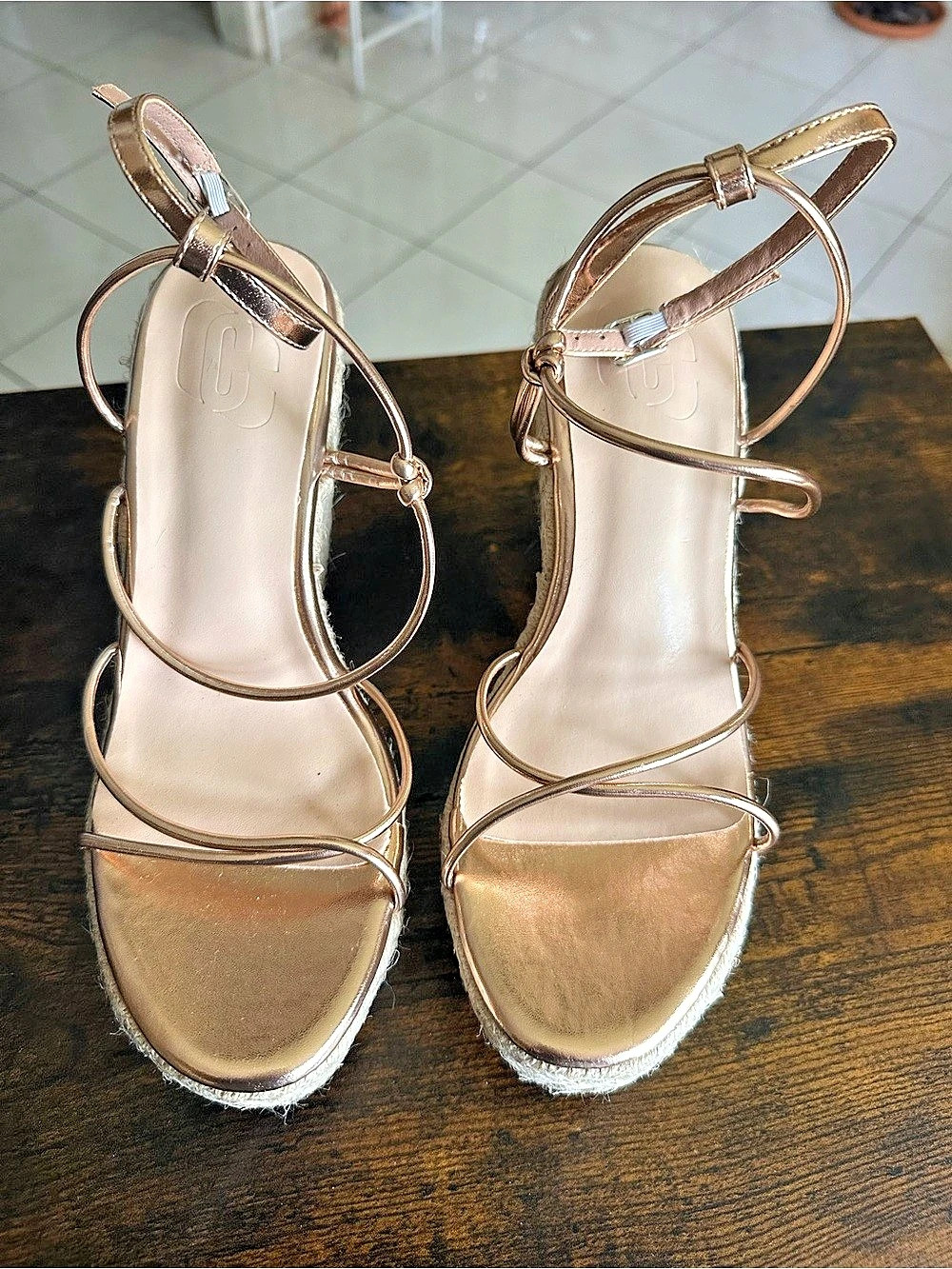 Bamboo Infinity-05M Metallic Strappy Wedge Sandals in Pink